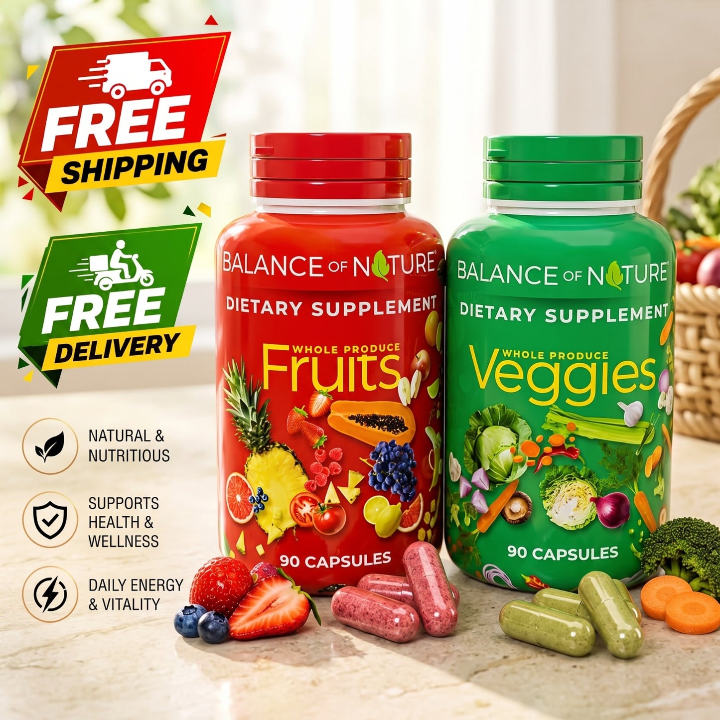 Balance of Nature Whole Produce Fruits & Veggies Dietary Supplement Capsules – 90 Capsules Each (2-Pack)