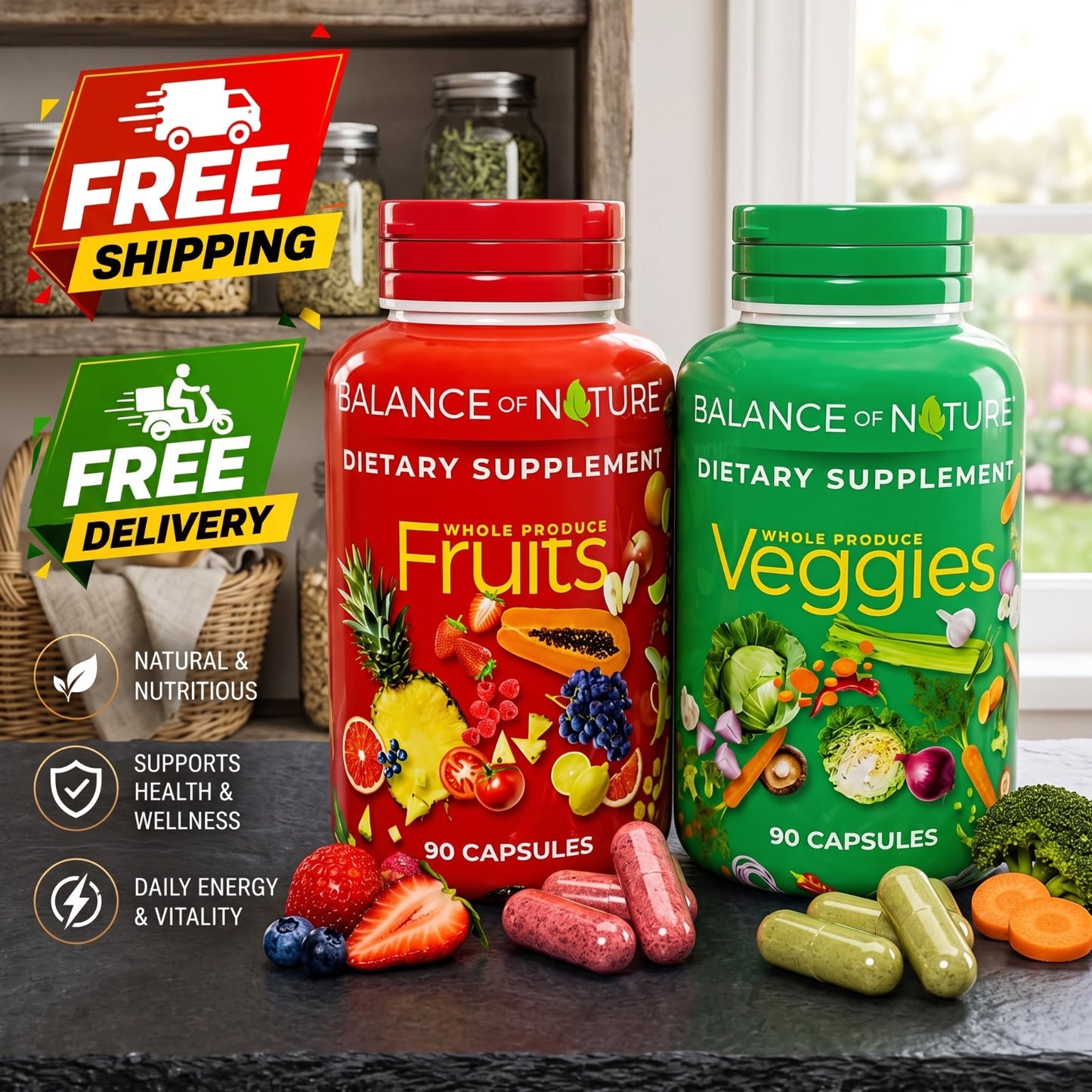 Balance of Nature Whole Produce Fruits & Veggies Dietary Supplement Capsules – 90 Capsules Each (2-Pack)