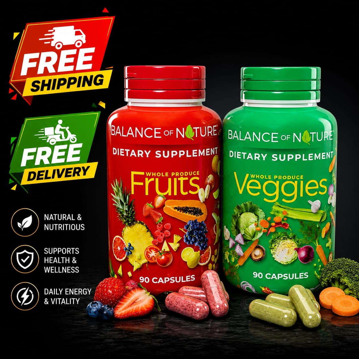 Balance of Nature Whole Produce Fruits & Veggies Dietary Supplement Capsules – 90 Capsules Each (2-Pack)